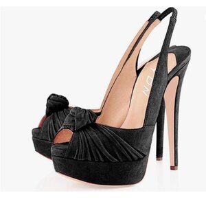 YDN Black Bow Slingback Stilettos High Heel Pumps Sandals Platform Open Toe